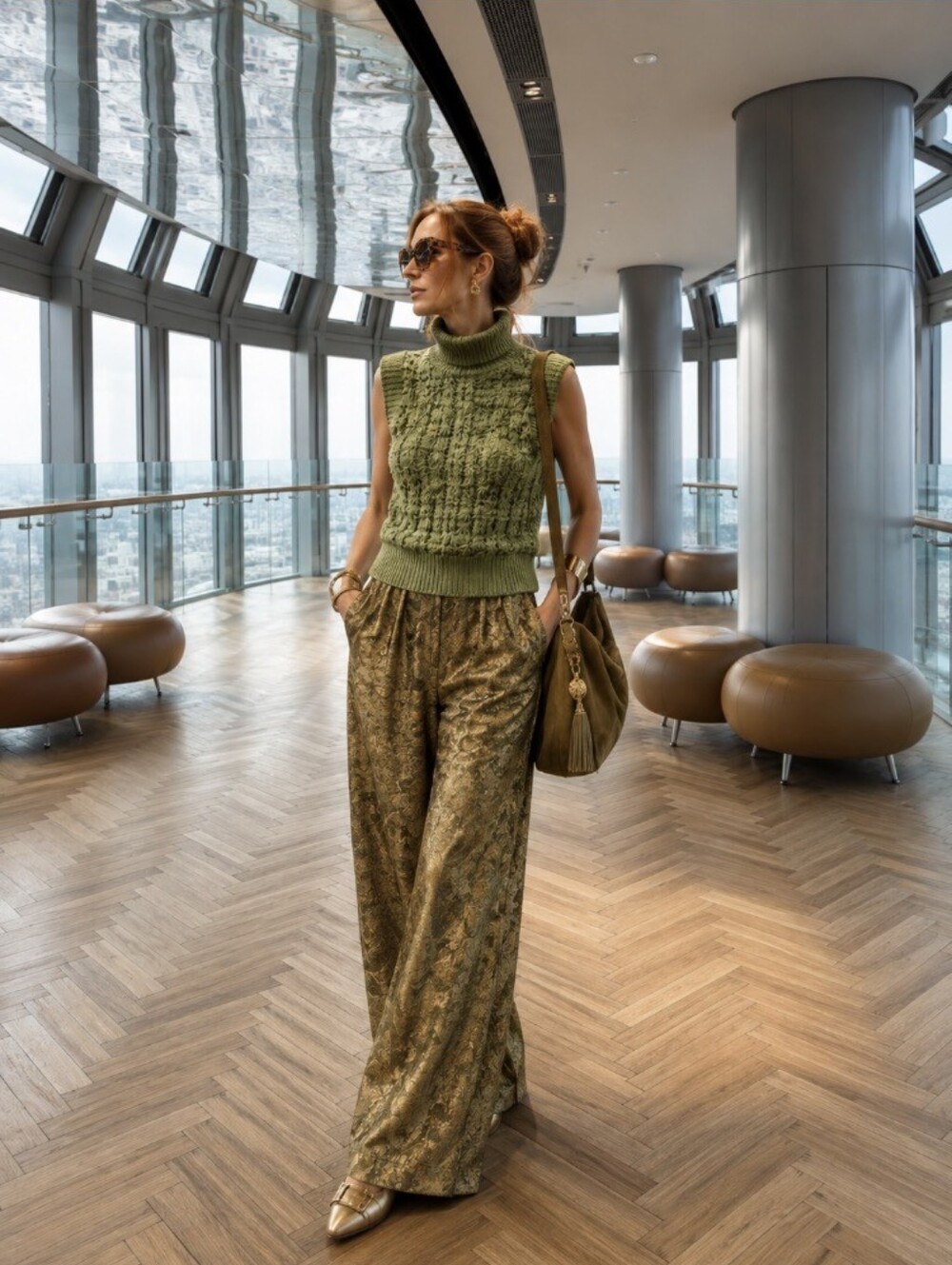 Sleeveless Light Green Floral Crochet Turtleneck Sweater Vest